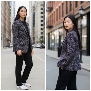 Talbots‎ Woman Paisley Print Blazer Jacket Purple Yellow Black Size 14W velvet